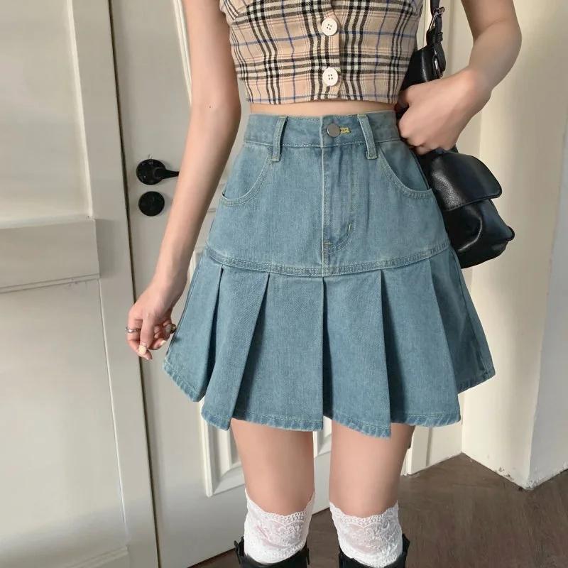 ̴ ĿƮ   2021 High-Waiste ϶ Y2K Pleated Skirt  Ϻ м Ƿ New Casual Denim